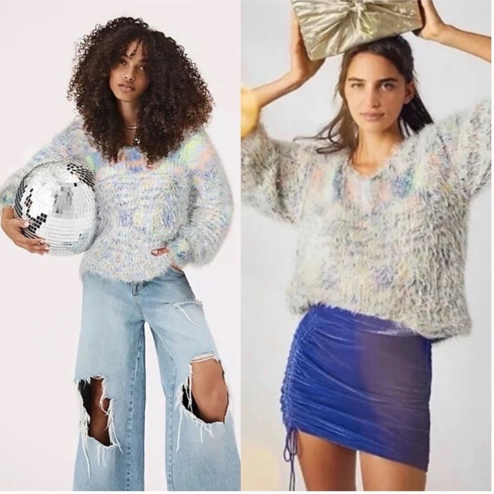 Free People Moonbeam V-Neck Sweater XS Multi Color Fuzzy‎ Eyelash Knit Pullover
